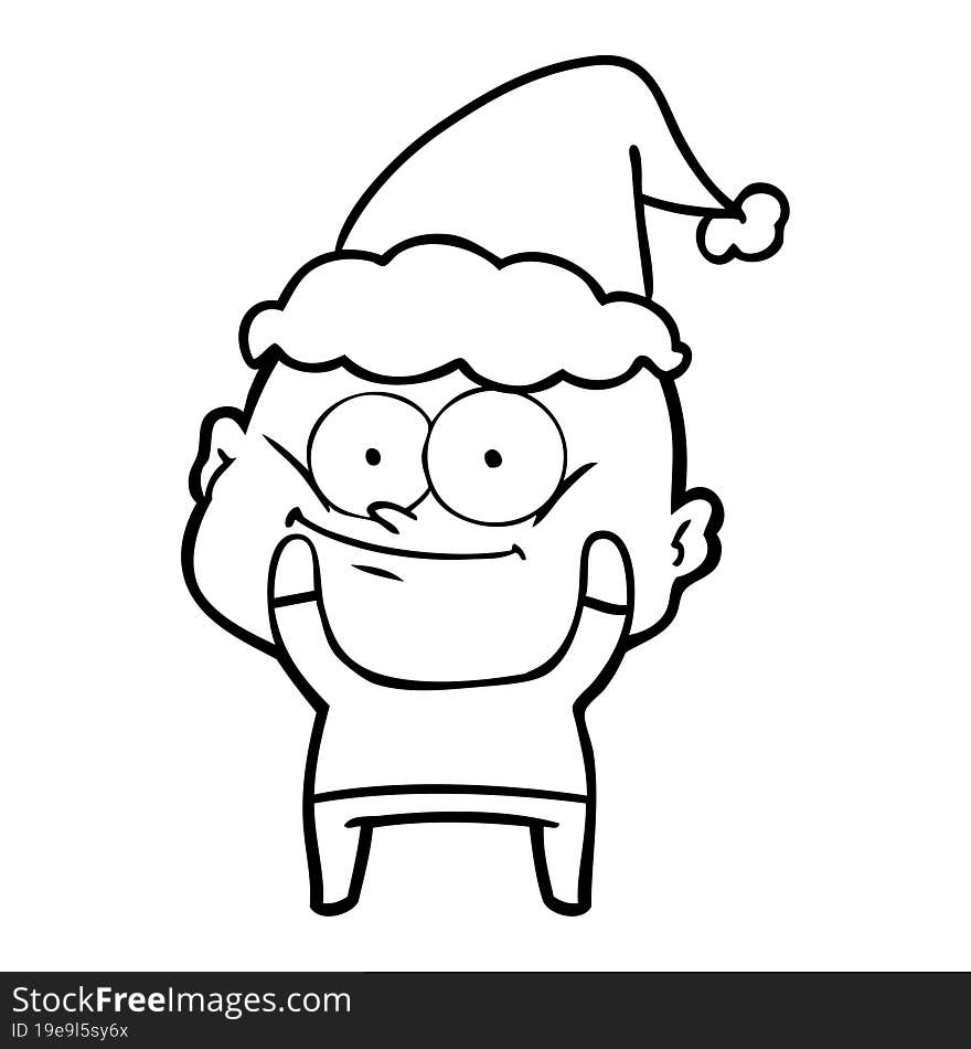 line drawing of a bald man staring wearing santa hat