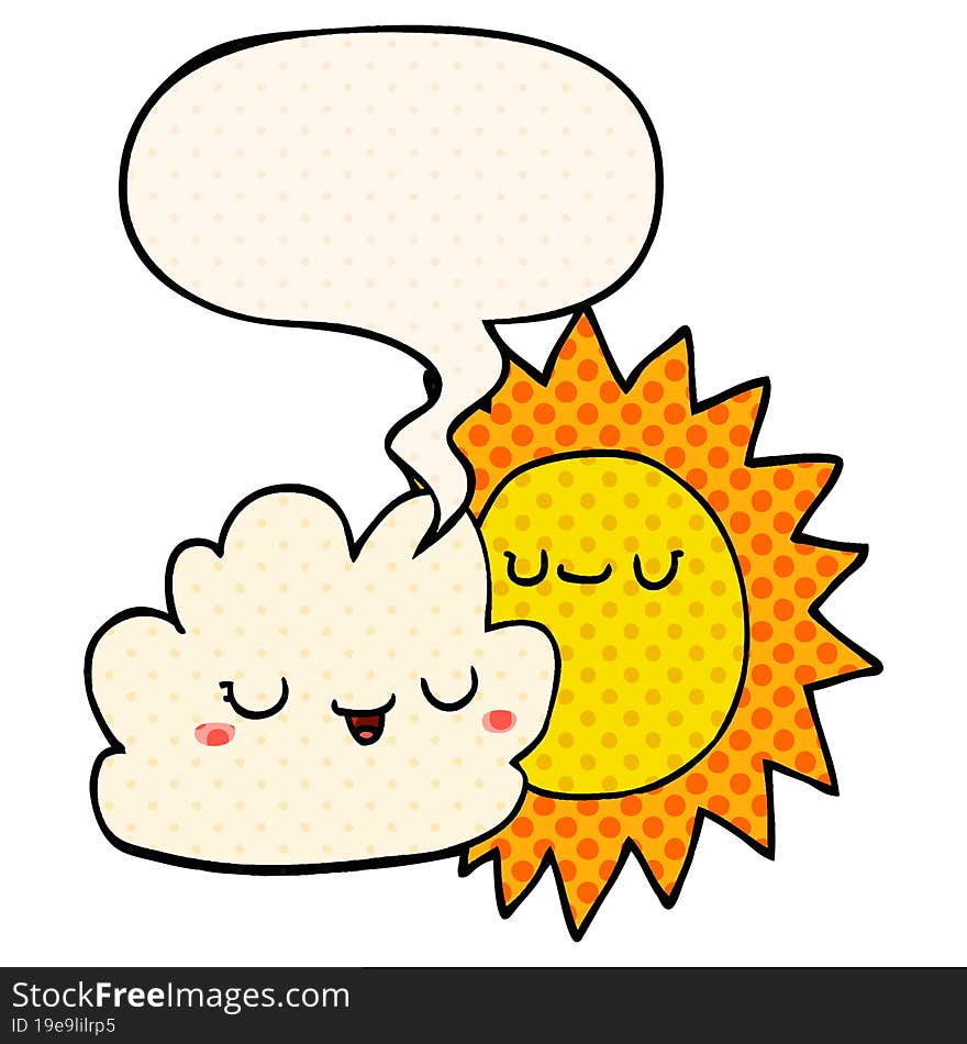 cartoon sun and cloud with speech bubble in comic book style