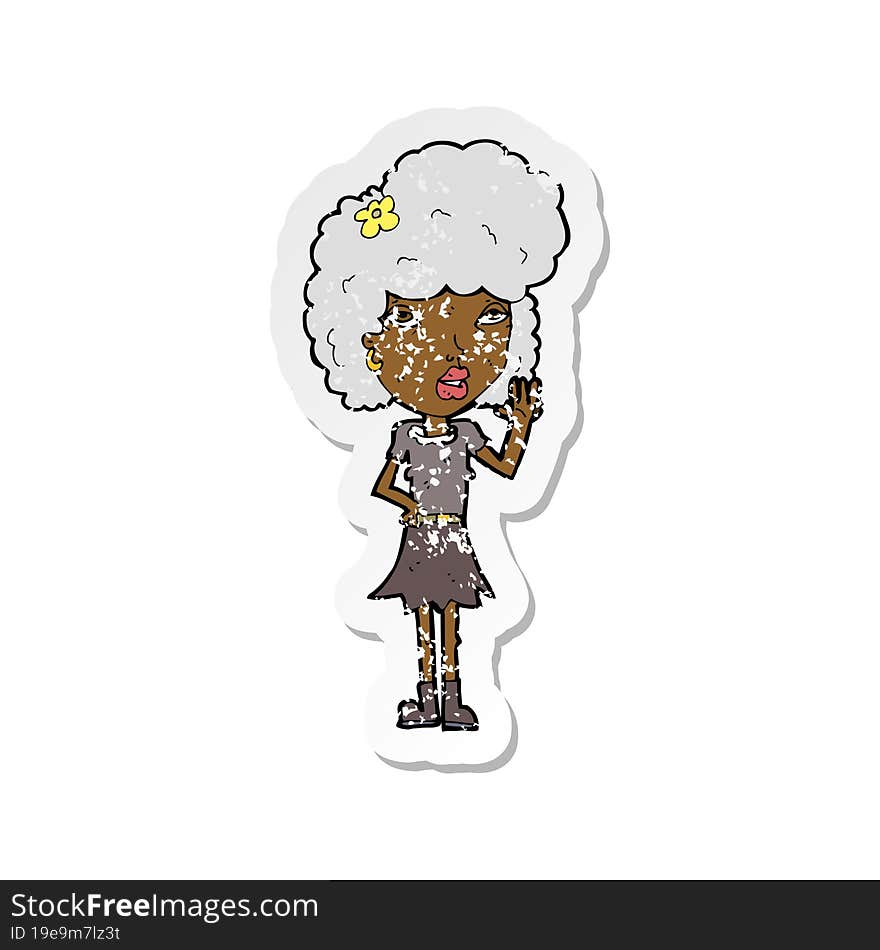 retro distressed sticker of a cartoon woman waving