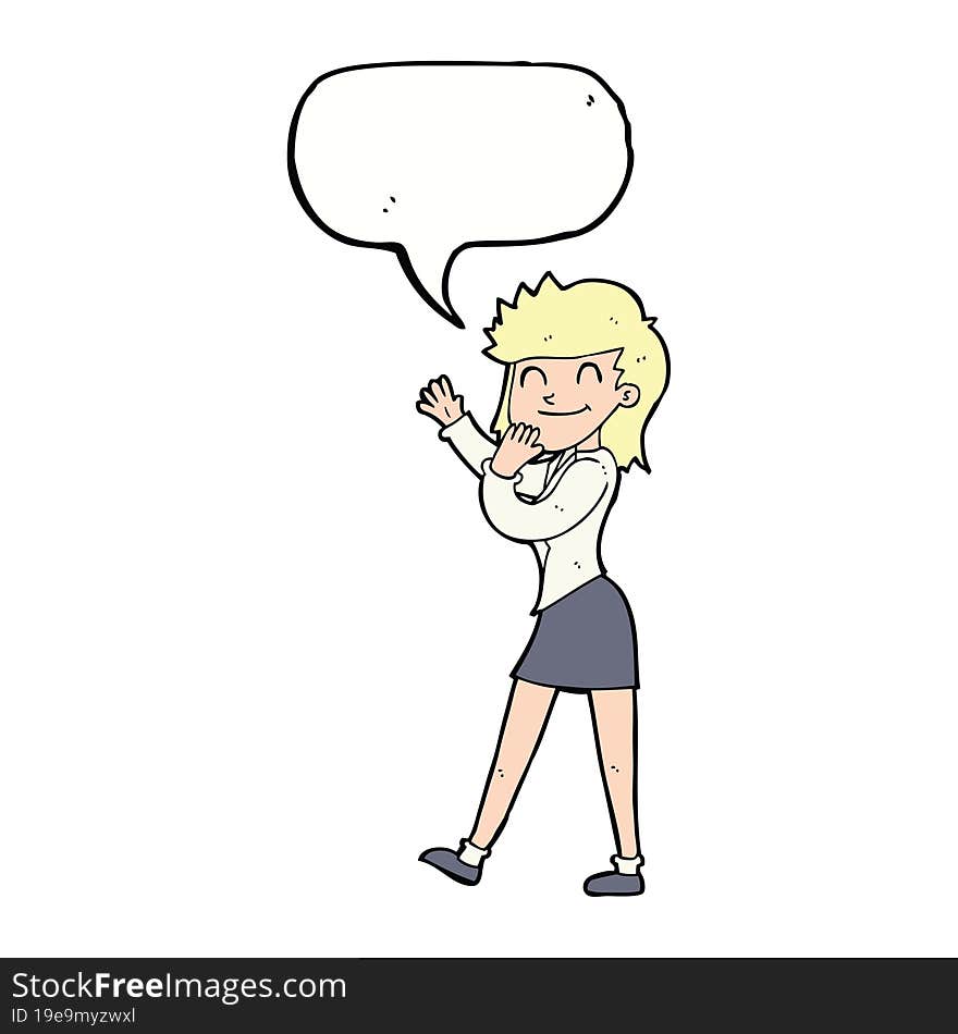 cartoon happy businesswoman with speech bubble