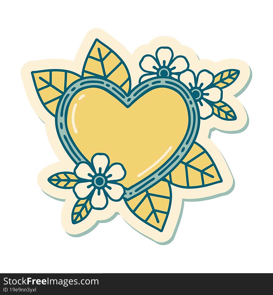 sticker of tattoo in traditional style of a botanical heart. sticker of tattoo in traditional style of a botanical heart