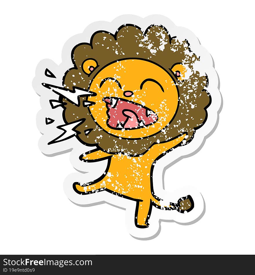 distressed sticker of a cartoon roaring lion