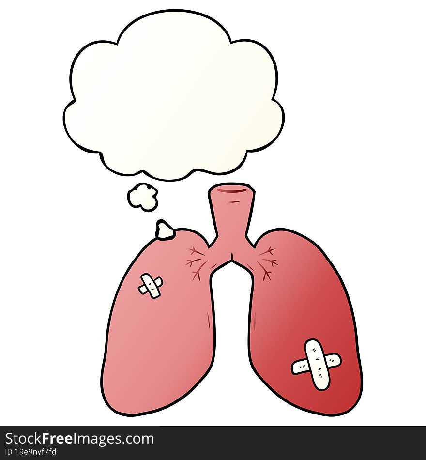 cartoon repaired lungs and thought bubble in smooth gradient style