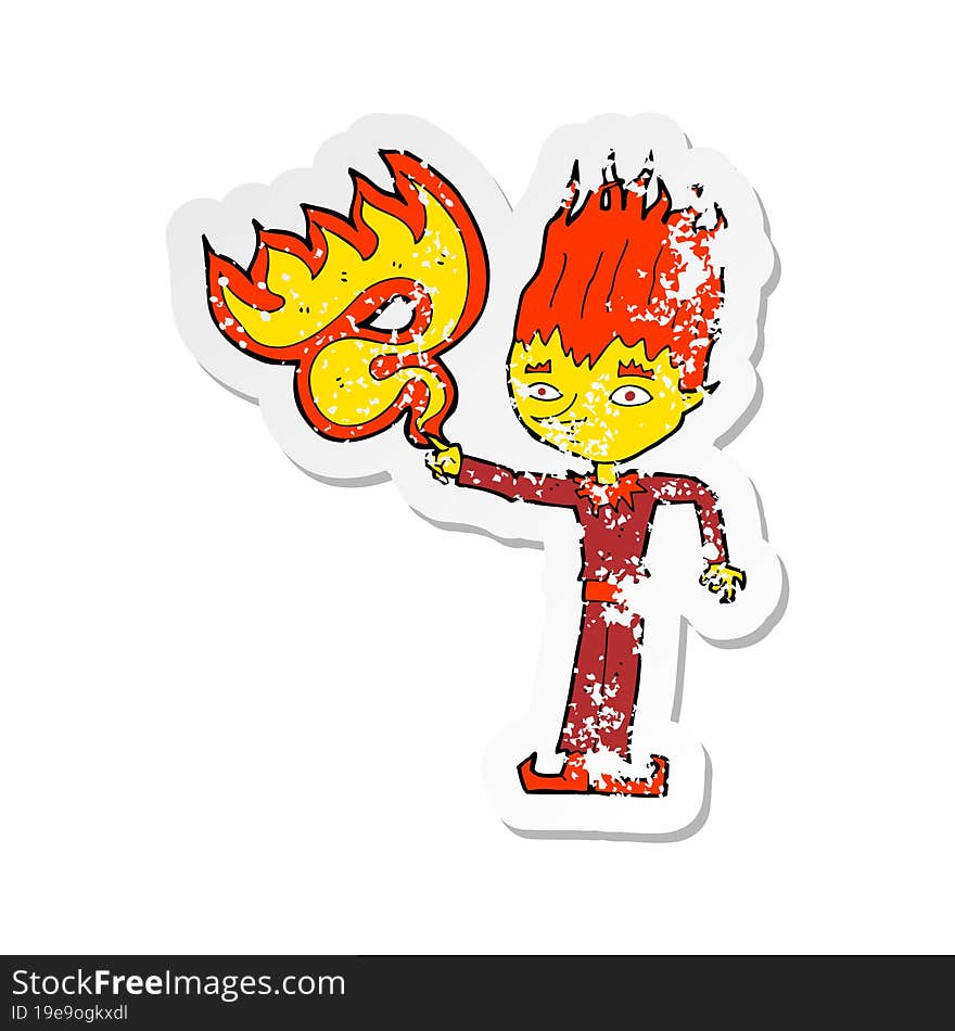 retro distressed sticker of a fire spirit cartoon