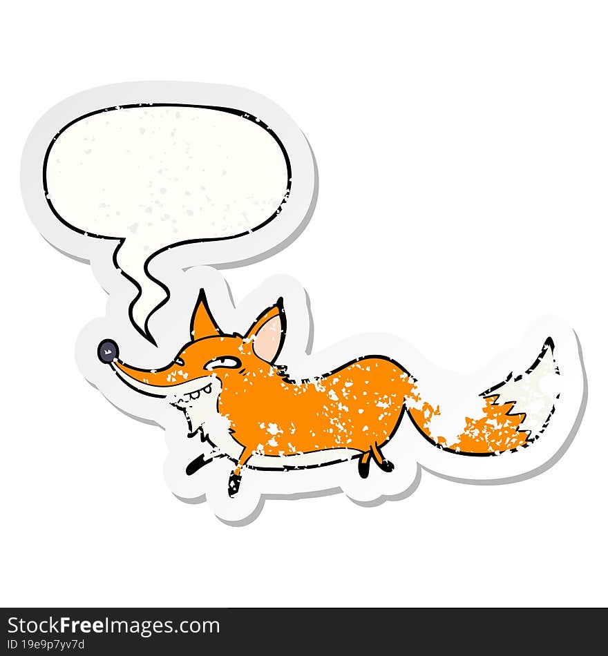 cute cartoon sly fox and speech bubble distressed sticker