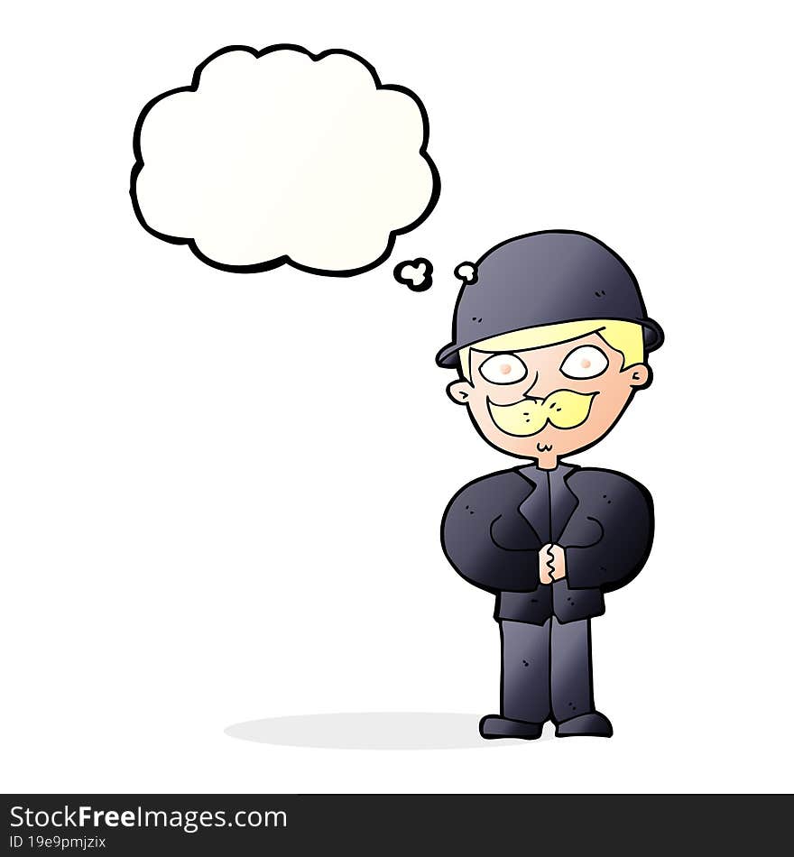 cartoon man in bowler hat with thought bubble