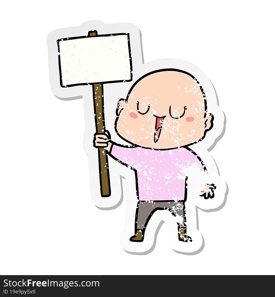 distressed sticker of a happy cartoon bald man with sign