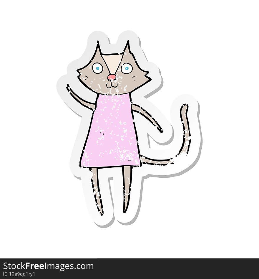 Retro Distressed Sticker Of A Cute Cartoon Cat Waving