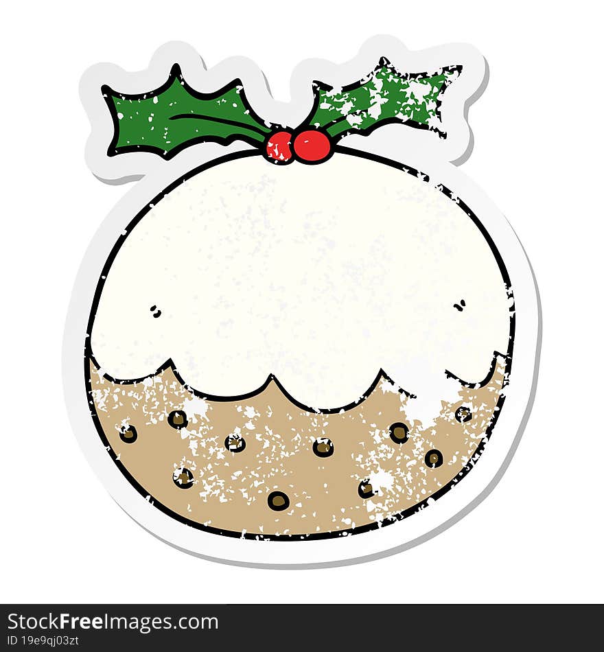 distressed sticker of a cartoon christmas pudding