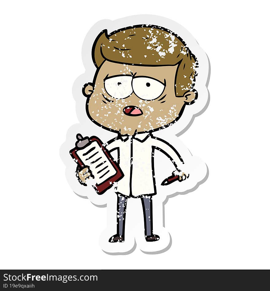 distressed sticker of a cartoon tired man