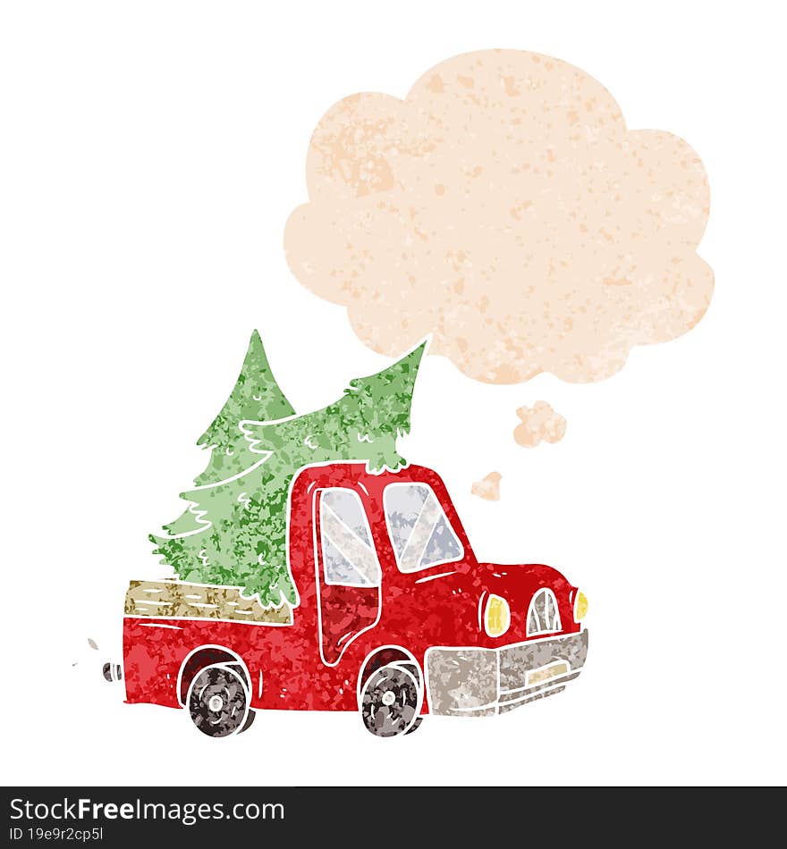 cartoon pickup truck carrying trees with thought bubble in grunge distressed retro textured style. cartoon pickup truck carrying trees with thought bubble in grunge distressed retro textured style