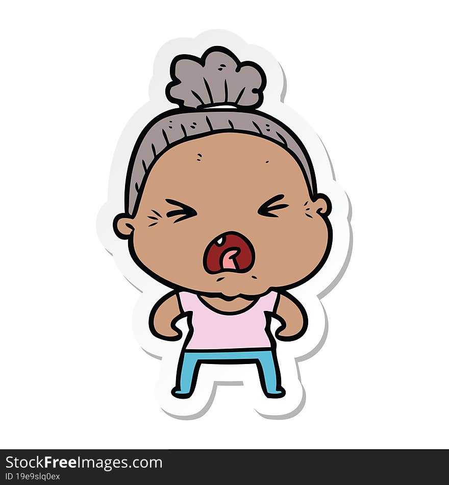 sticker of a cartoon angry old woman