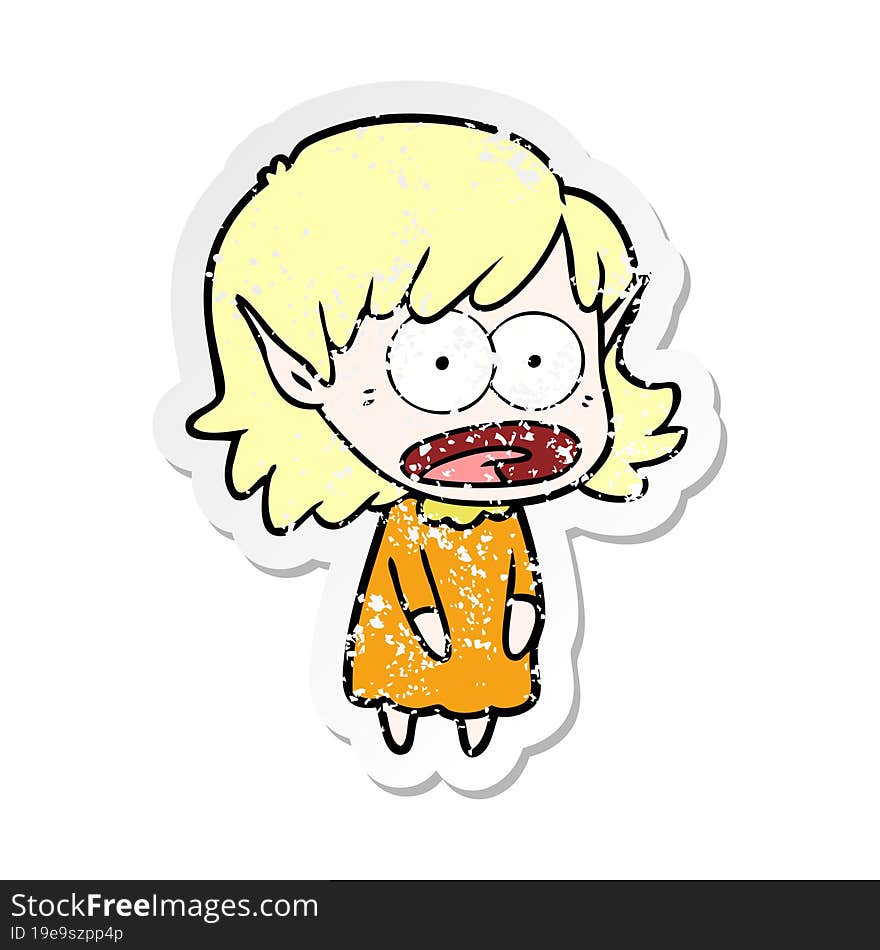 distressed sticker of a cartoon shocked elf girl