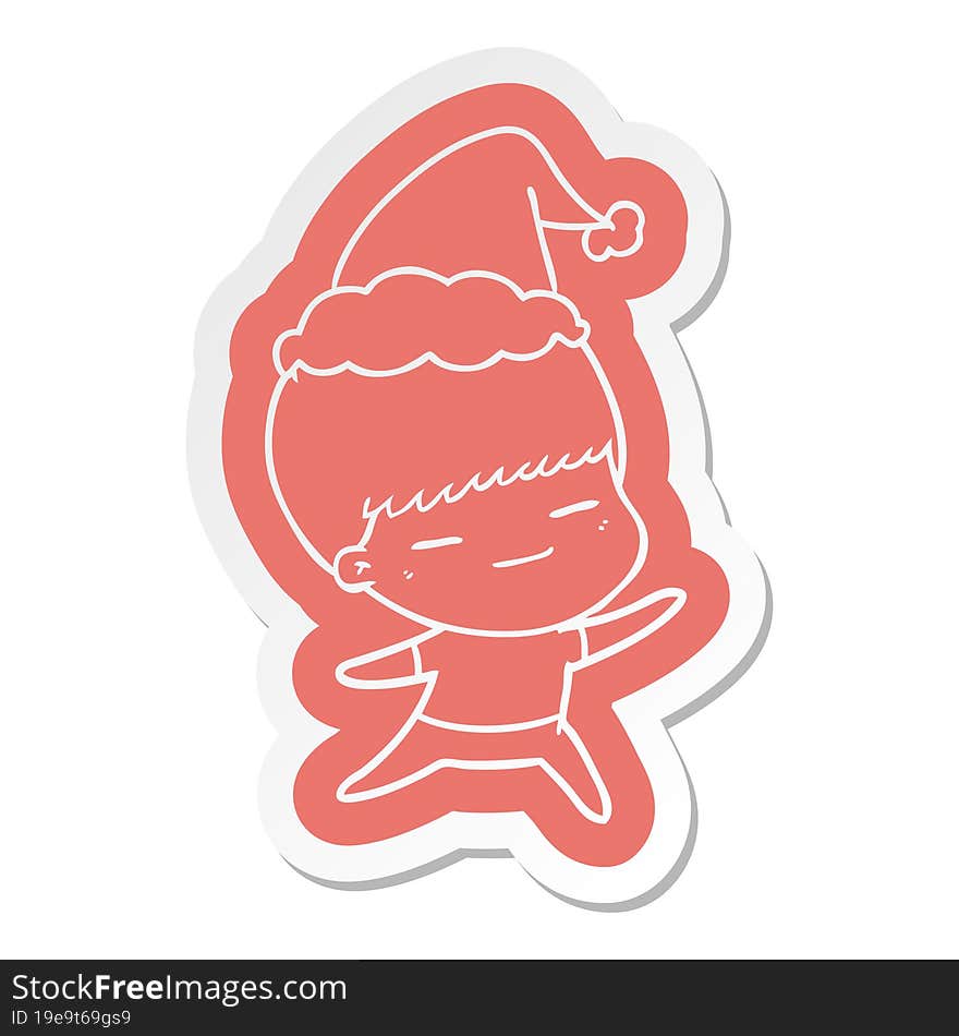 cartoon  sticker of a smug boy wearing santa hat