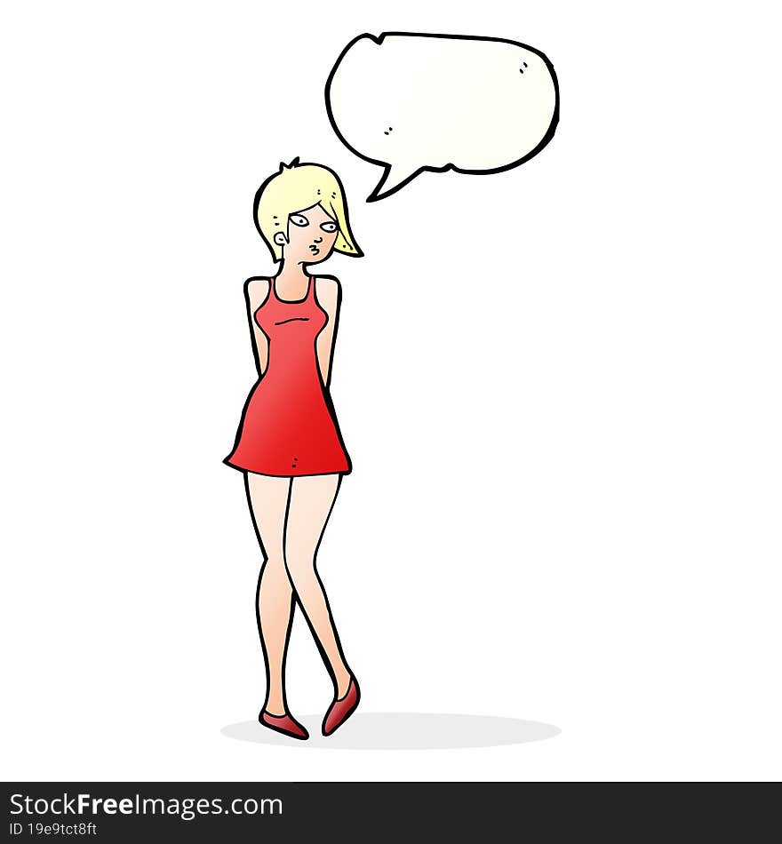 cartoon pretty woman in dress with speech bubble