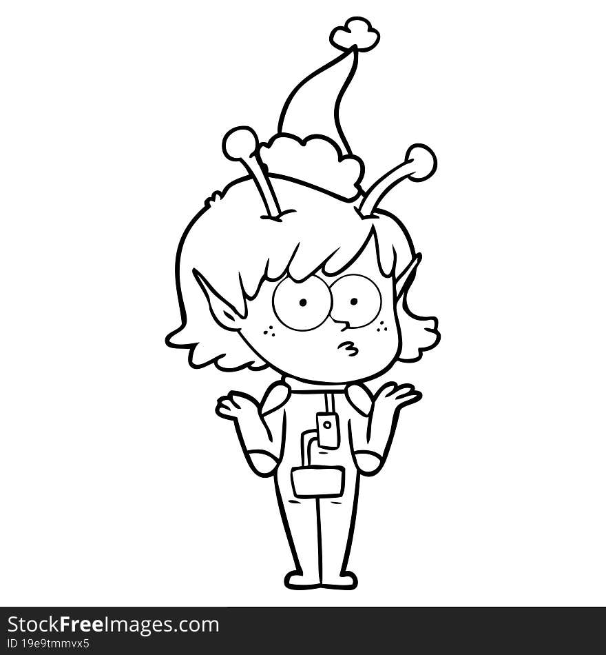 line drawing of a alien girl wearing santa hat