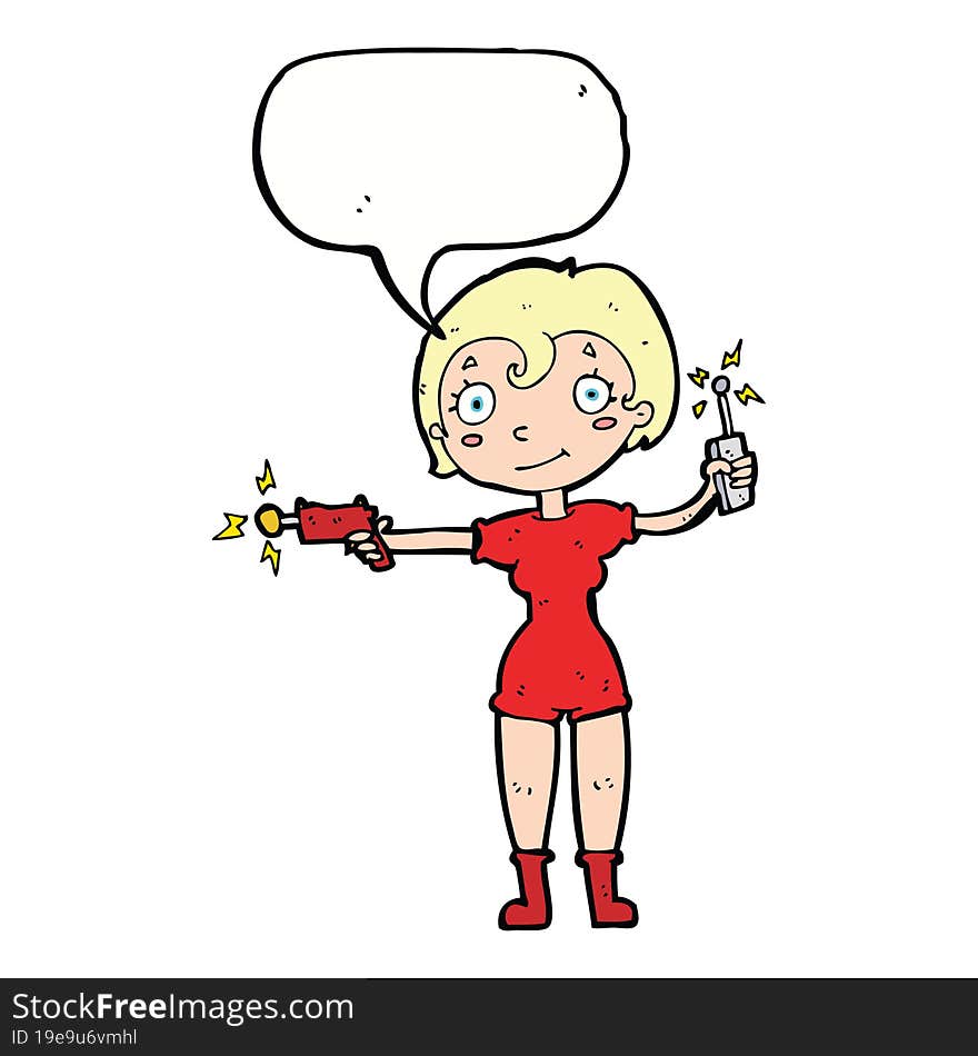 cartoon future space girl with speech bubble