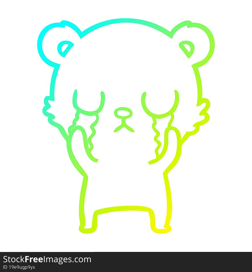 cold gradient line drawing of a crying cartoon bear