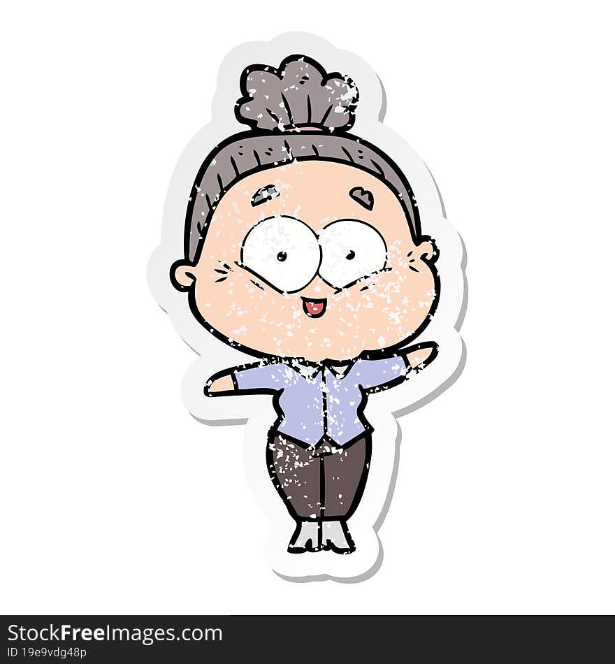 distressed sticker of a cartoon happy old woman