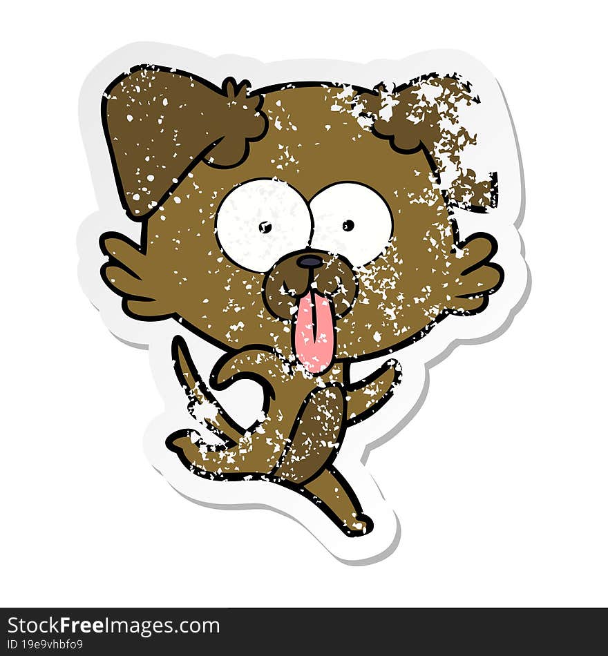 distressed sticker of a cartoon dog with tongue sticking out