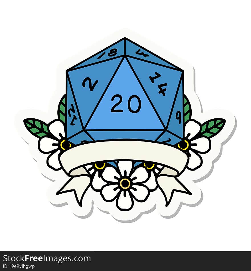 sticker of a natural 20 critical hit D20 dice roll. sticker of a natural 20 critical hit D20 dice roll