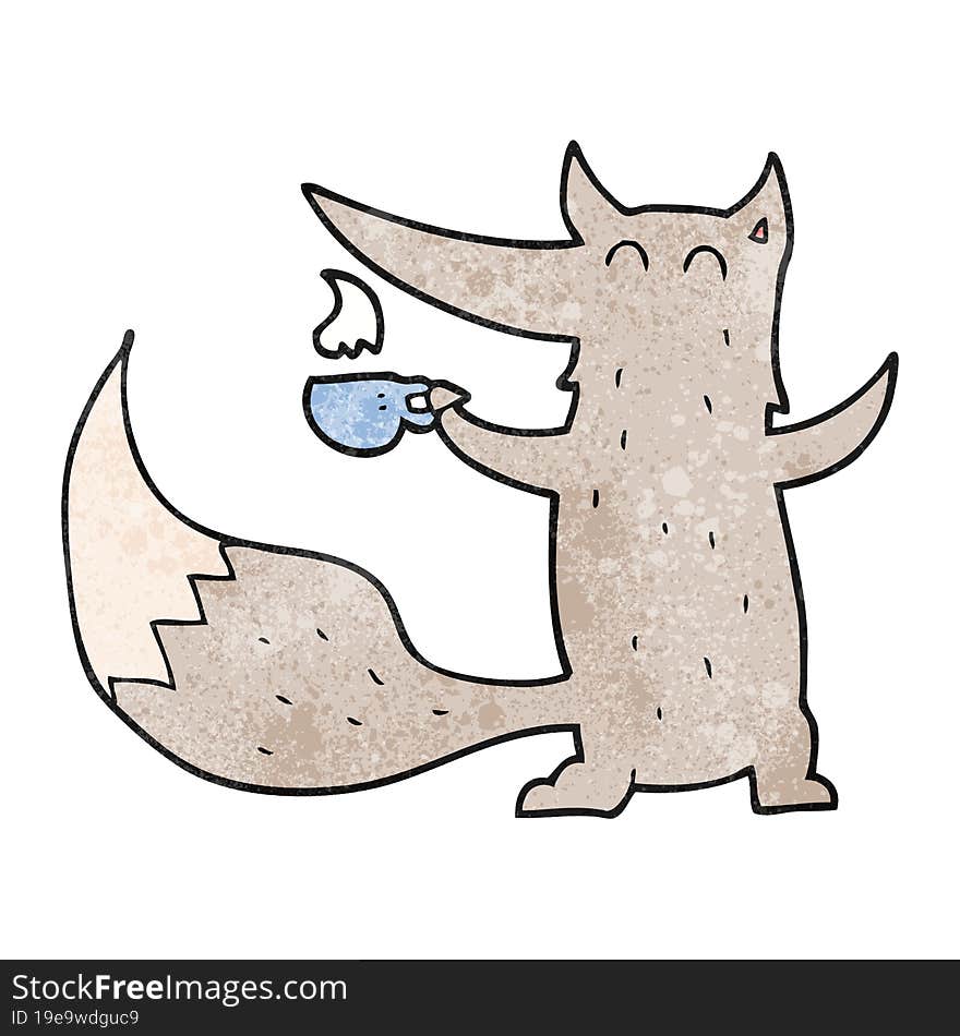 Textured Cartoon Wolf With Coffee Cup