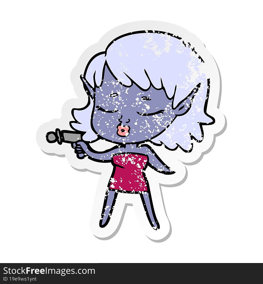 Distressed Sticker Of A Pretty Cartoon Alien Girl With Ray Gun