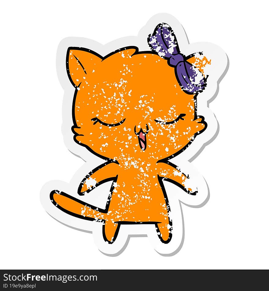 distressed sticker of a cartoon cat with bow on head