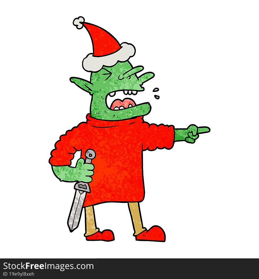 textured cartoon of a goblin with knife wearing santa hat