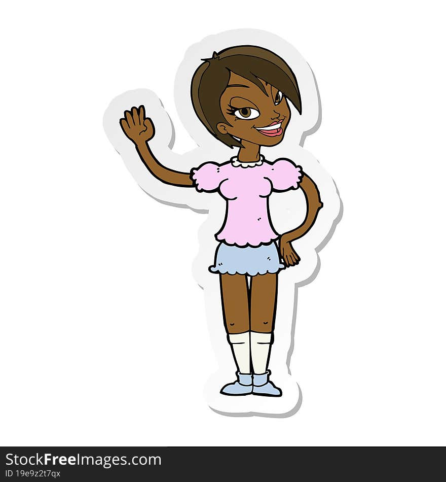 Sticker Of A Cartoon Waving Woman