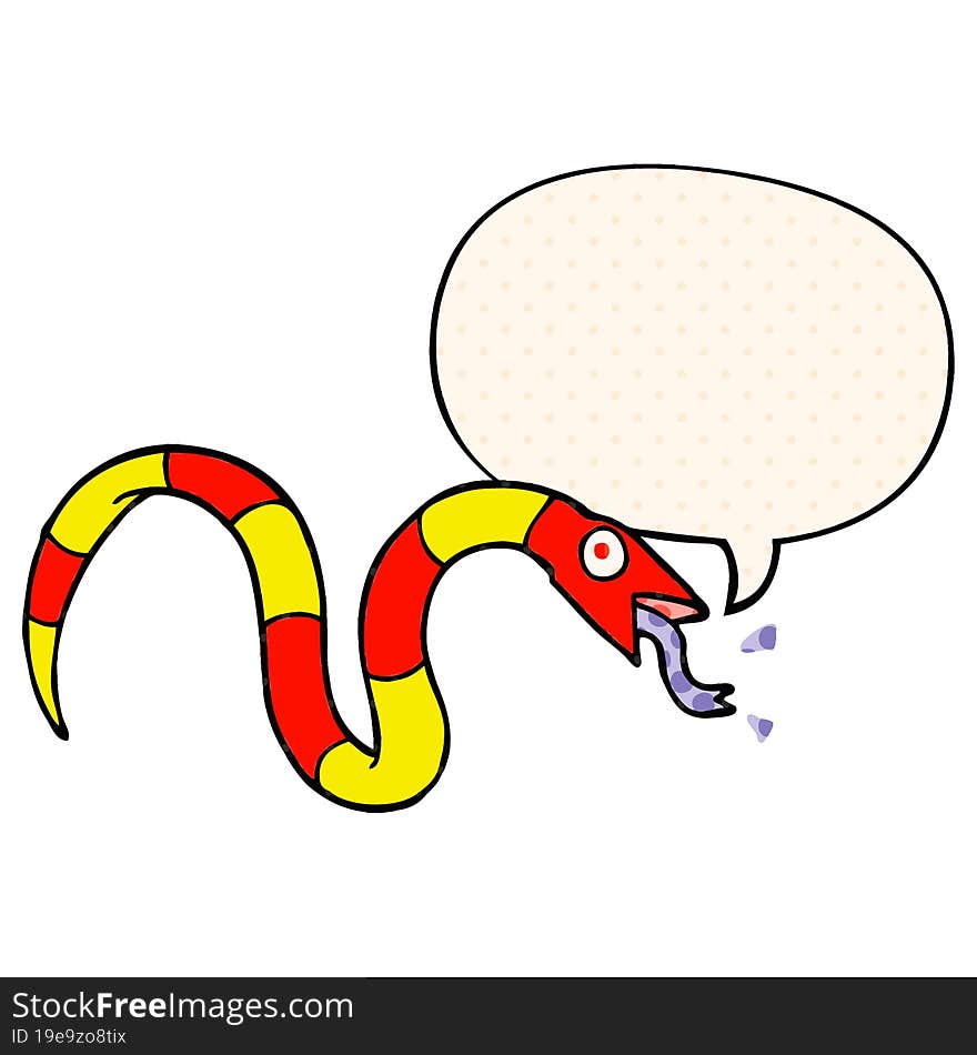 hissing cartoon snake and speech bubble in comic book style