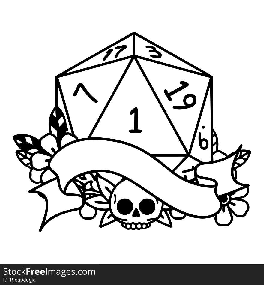 Black and White Tattoo linework Style natural one d20 dice roll. Black and White Tattoo linework Style natural one d20 dice roll