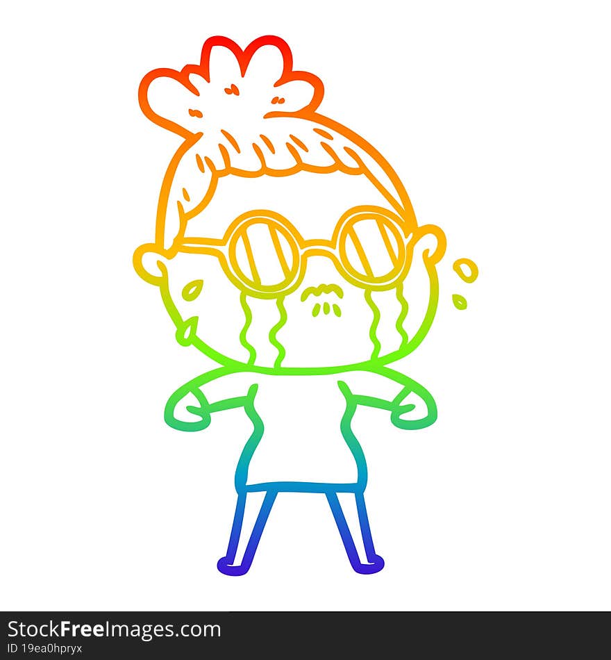 rainbow gradient line drawing cartoon crying woman wearing spectacles