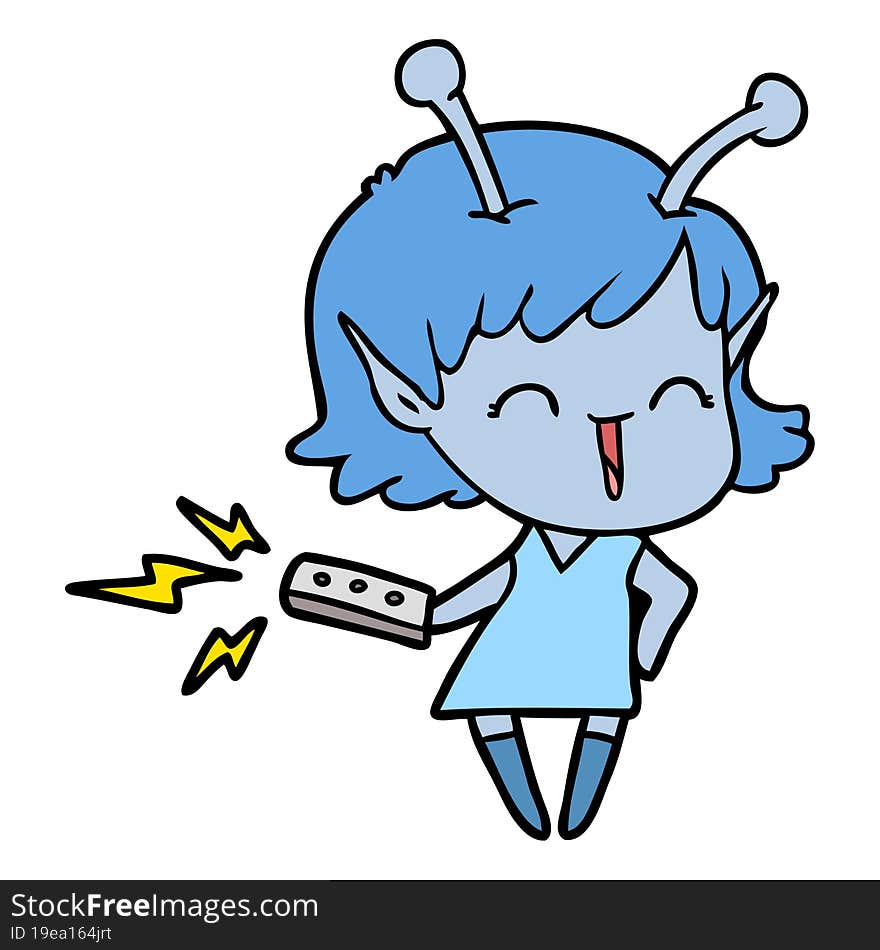 cartoon alien girl laughing with remote control. cartoon alien girl laughing with remote control