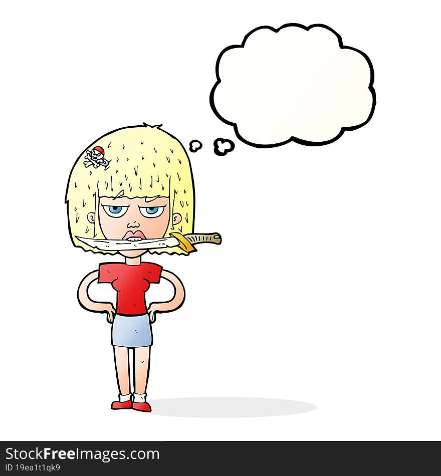 cartoon woman with knife between teeth with thought bubble