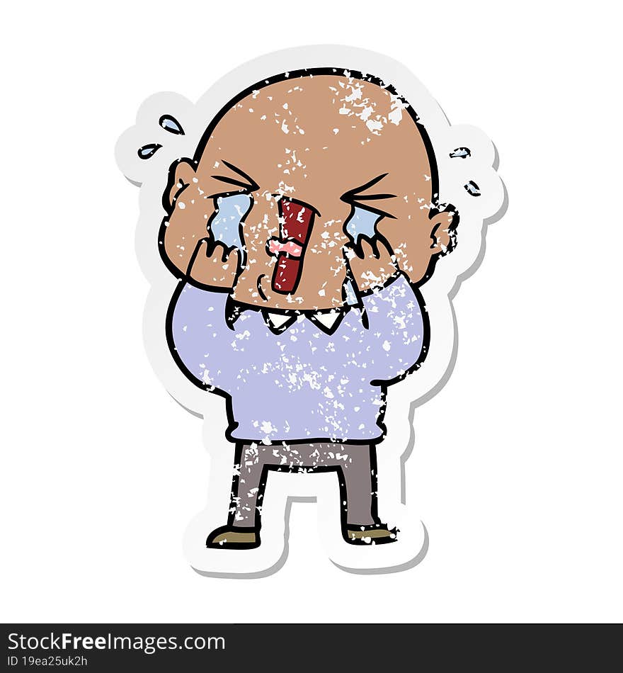 distressed sticker of a cartoon crying bald man