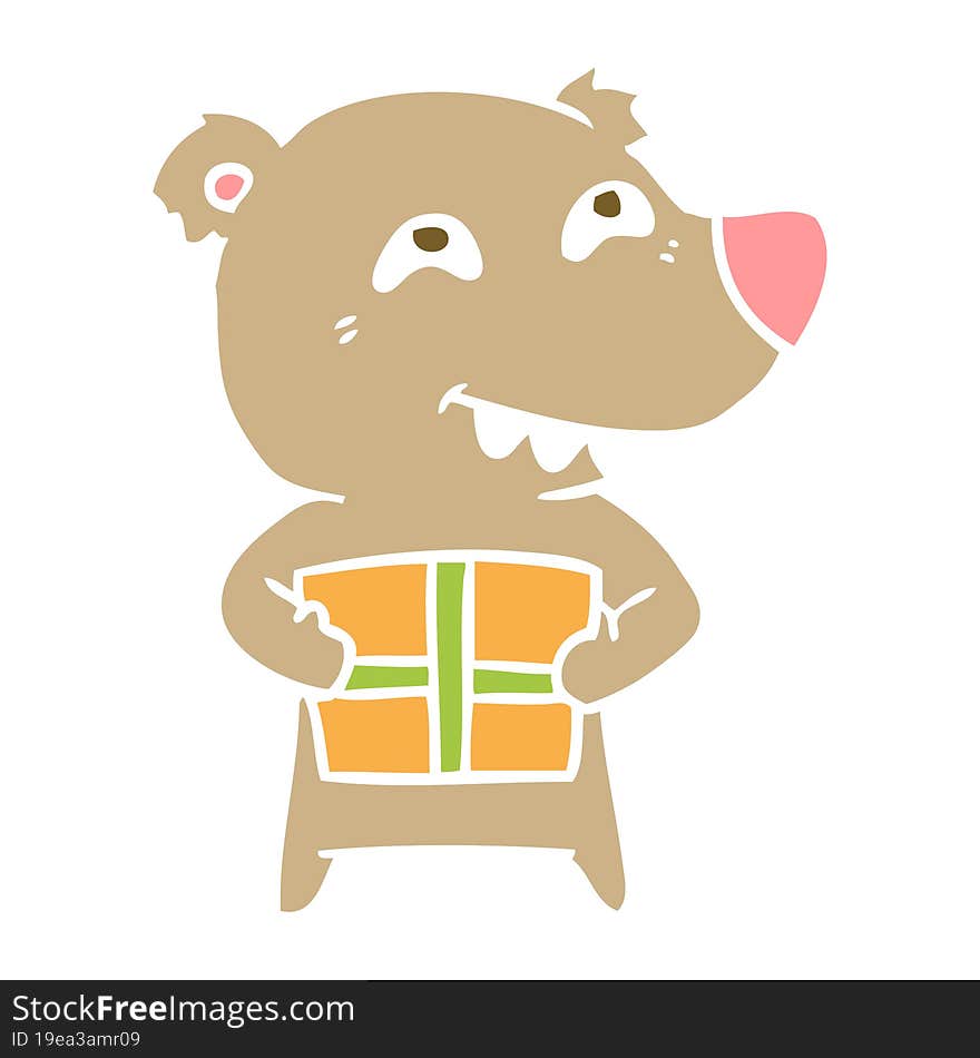 flat color style cartoon bear with present