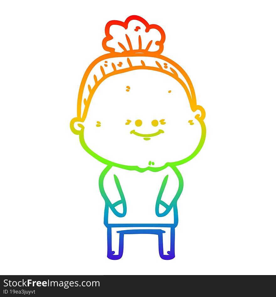 rainbow gradient line drawing of a cartoon happy old woman