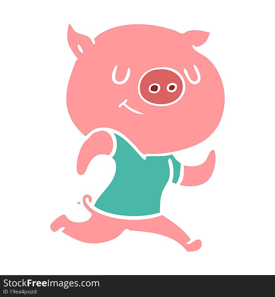 happy flat color style cartoon pig running