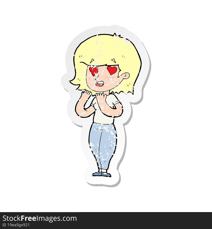 retro distressed sticker of a cartoon woman in love