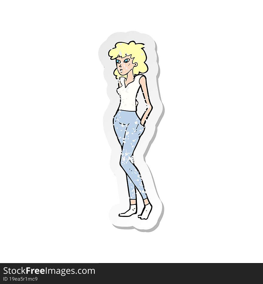 retro distressed sticker of a cartoon pretty woman