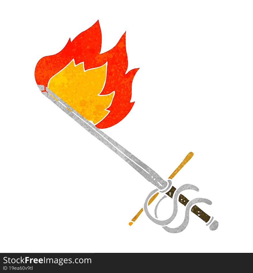 freehand drawn retro cartoon flaming sword