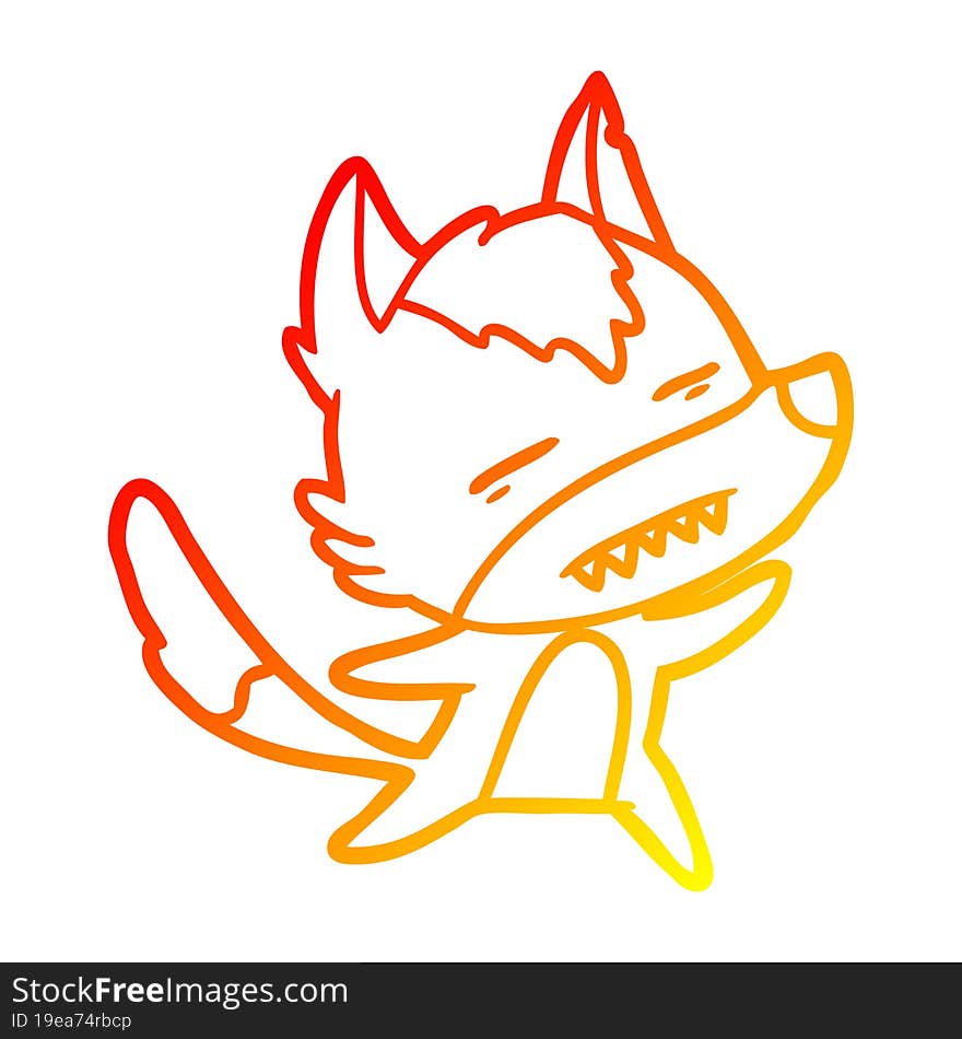 warm gradient line drawing cartoon wolf showing teeth whilst dancing