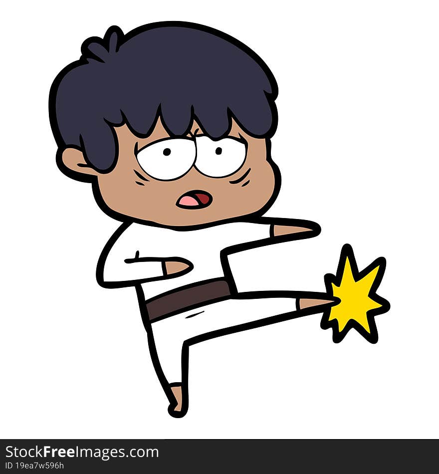 cartoon exhausted boy doing karate. cartoon exhausted boy doing karate