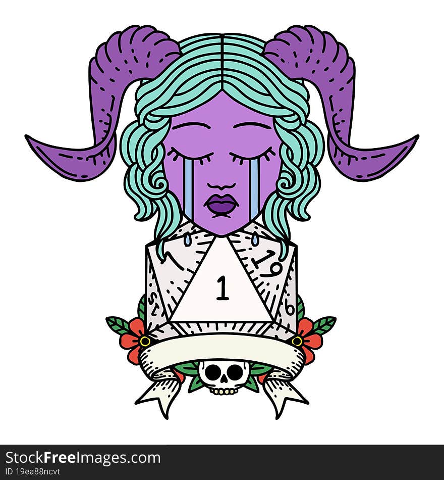 crying tiefling face with natural 1 D20 Dice illustration