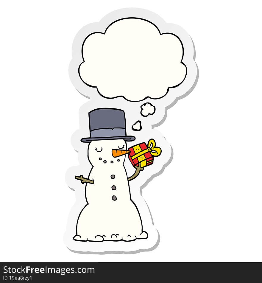 cartoon christmas snowman with thought bubble as a printed sticker