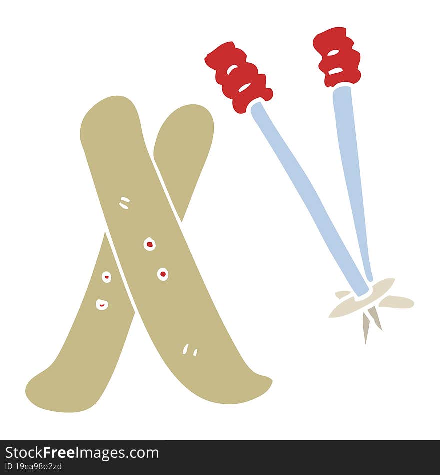 Flat Color Illustration Cartoon Ski And Poles