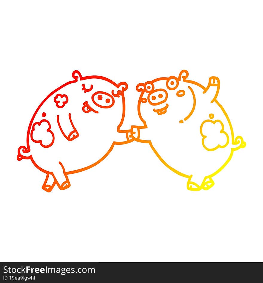 warm gradient line drawing cartoon pigs dancing