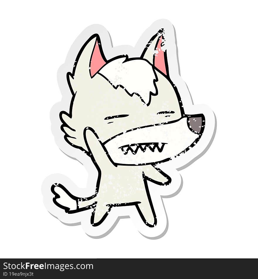 distressed sticker of a cartoon wolf waving showing teeth