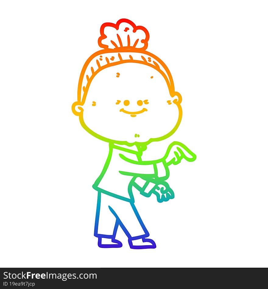 rainbow gradient line drawing of a cartoon happy old woman